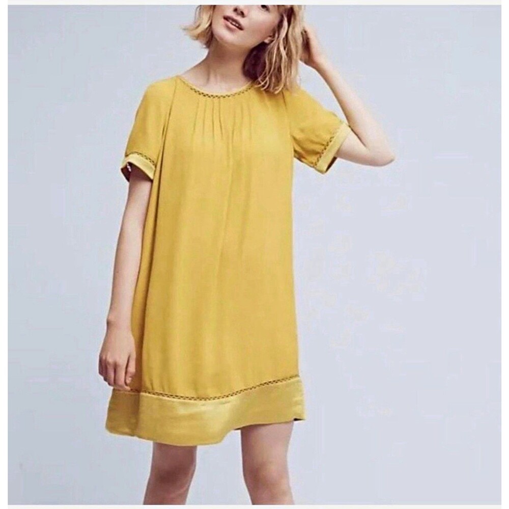 Maeve Yellow Solid Shift Dress Sz S Rayon Woven Crochet Trim Round Neck Short